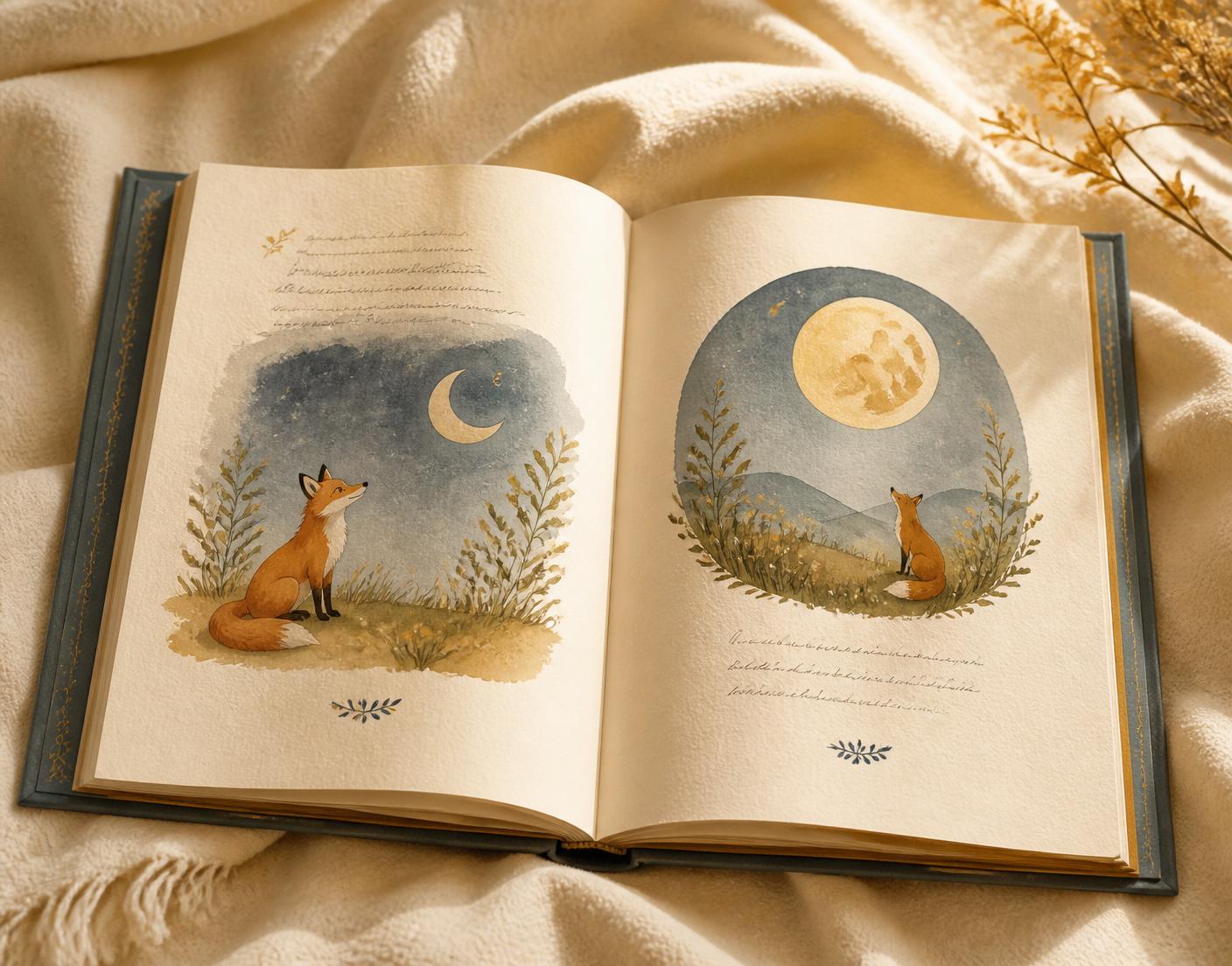 Разтворена печатна книга с илюстрации на лисиче и луна върху меко одеяло.