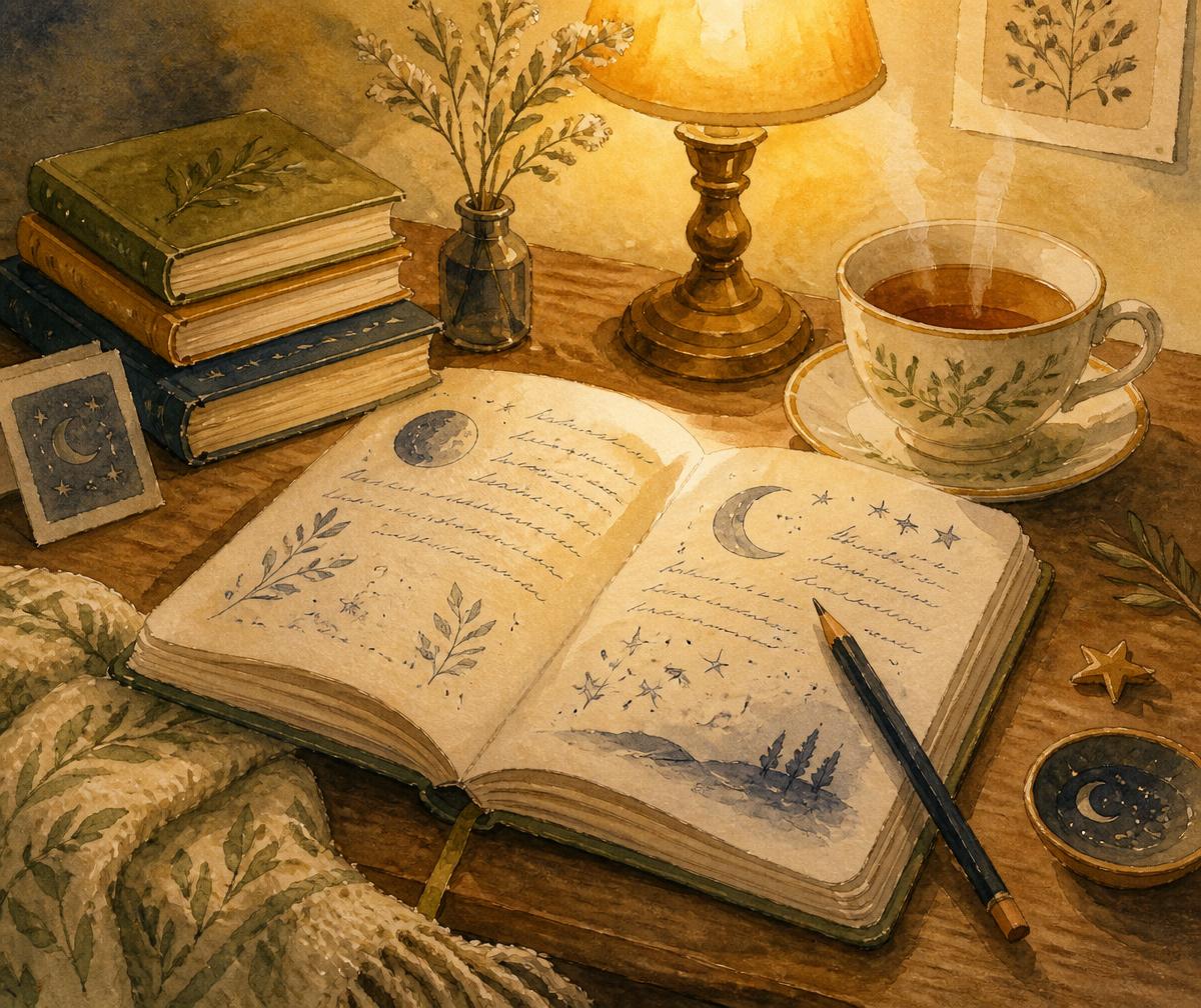 Отворен тефтер със скици, молив, чаша чай и книги на дървено бюро в топла вечерна светлина.